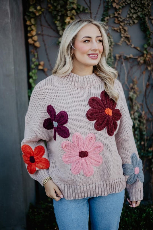 Tan Floral Knit Stitched Sweater