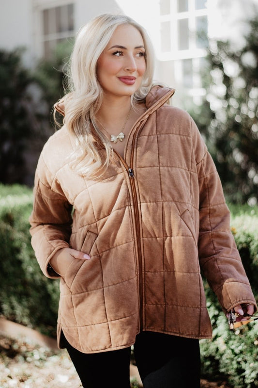 Brown Lightweight Quilted Garment Washed Jacket
