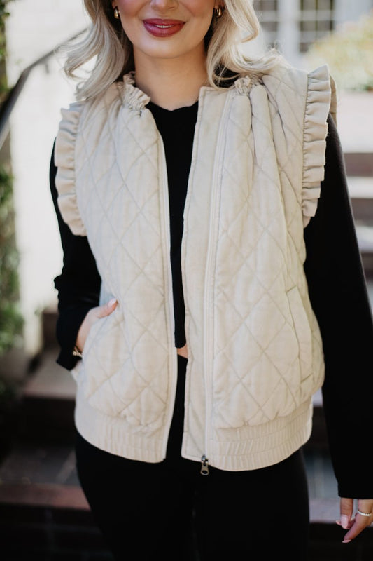 Beige Garment Washed Quilted Ruffle Sleeve Vests