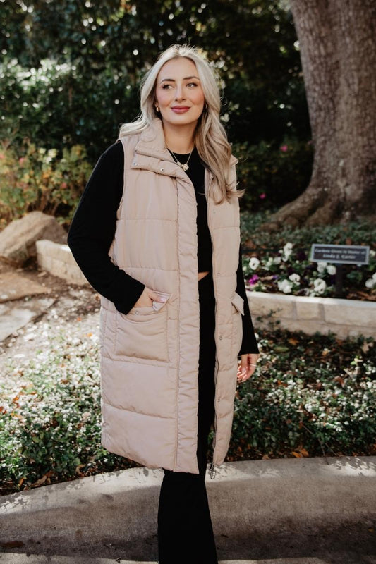 Tan Long Quilted Puffer Vest