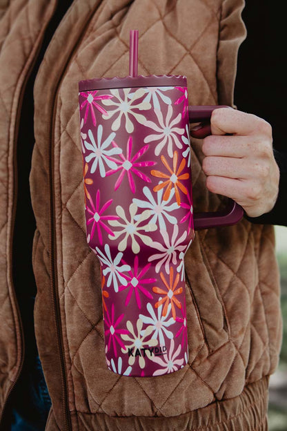 Multicolored Maroon Floral Stainless Steel Tumbler