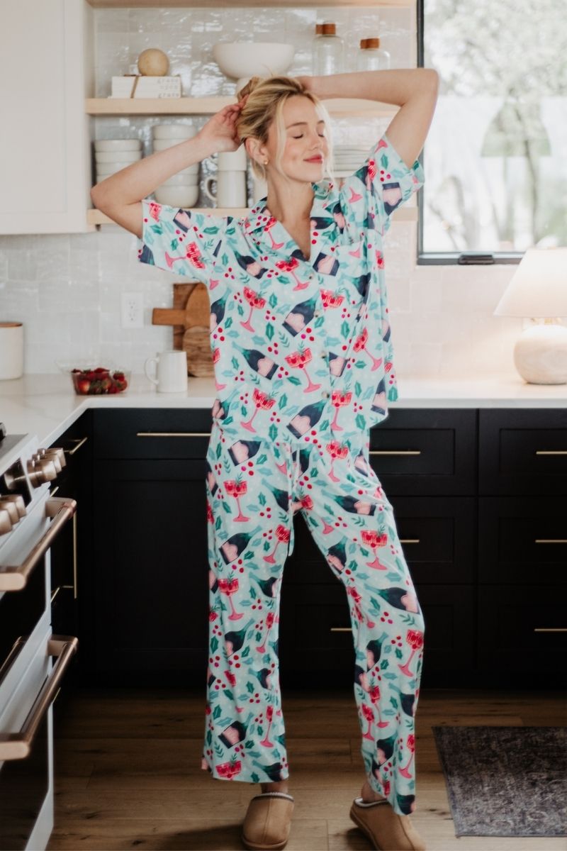 Holiday Champagne. Coupes & Holly Pajama Pants Set