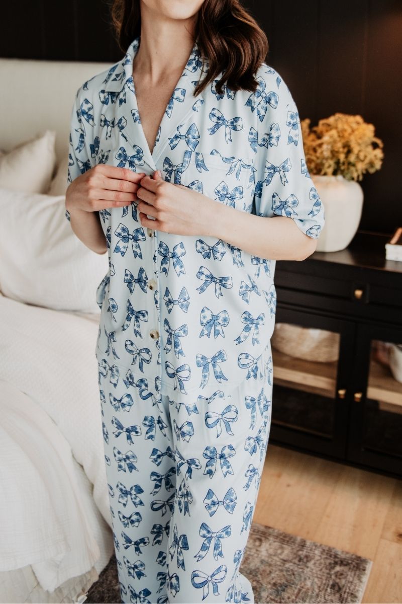 Light Blue Toile Coquette Bows Lounge Pants Set