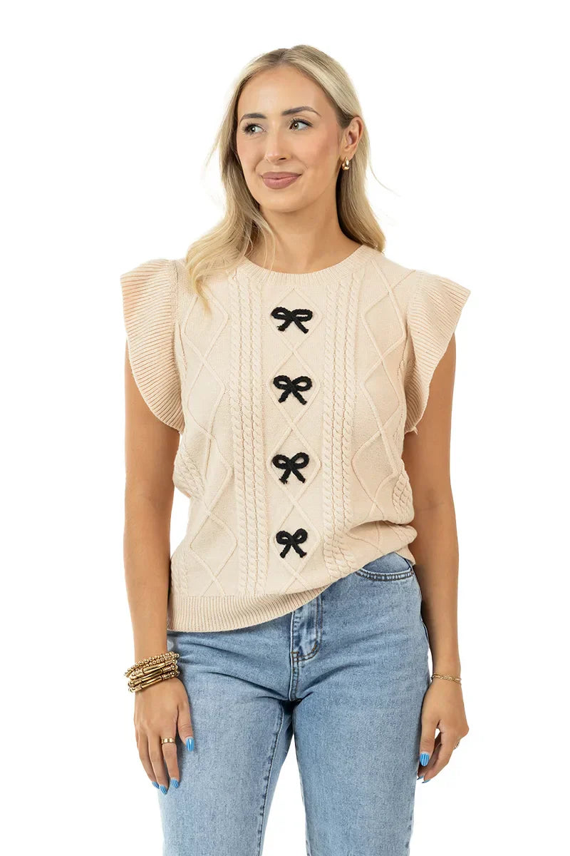 Tan Coquette Bow Sweater Top
