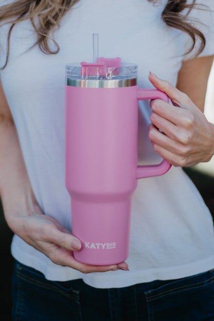 Rose Pink Drink Tumbler Cup w/ Handle