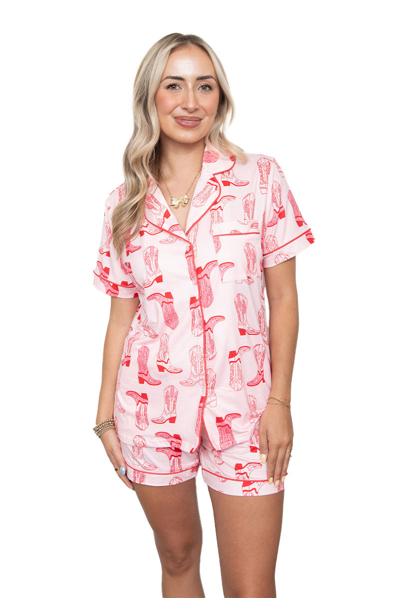 Light Pink Western Boots All Over PJ Short Set