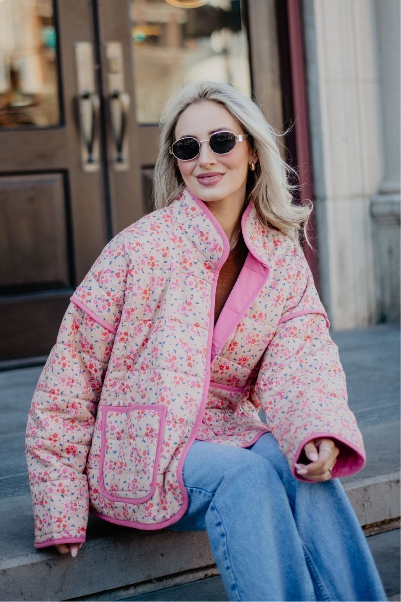 Pink Dainty Floral Lightweight Quilted Jacket for Women