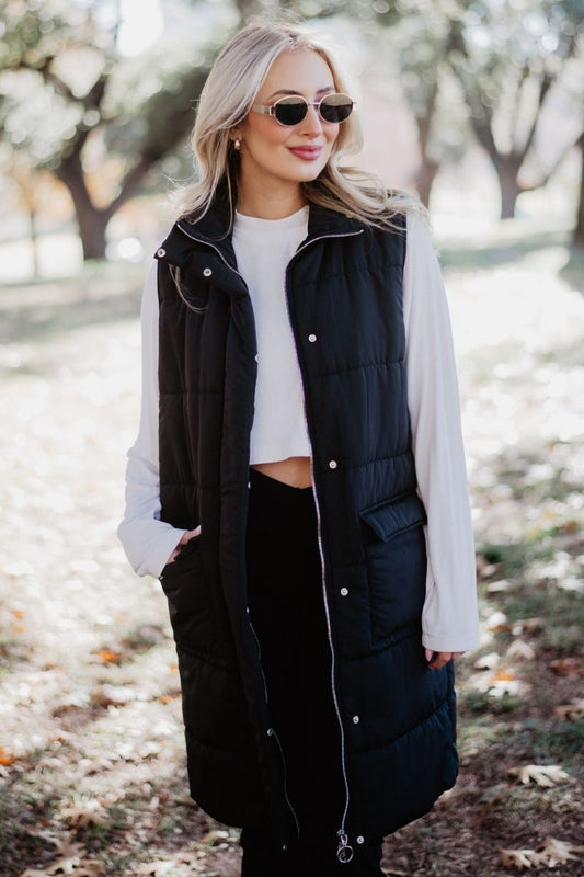 Black Women's Long Puffer Vests