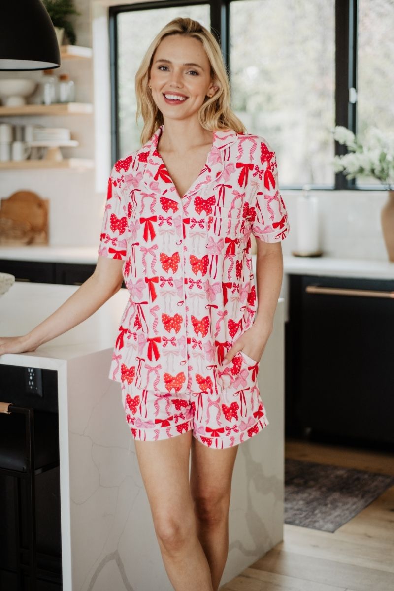 Pink & Red Coquette Bows PJ Shorts Set For Women