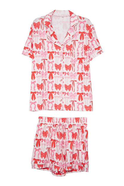 Pink & Red Coquette Bows PJ Shorts Set For Women