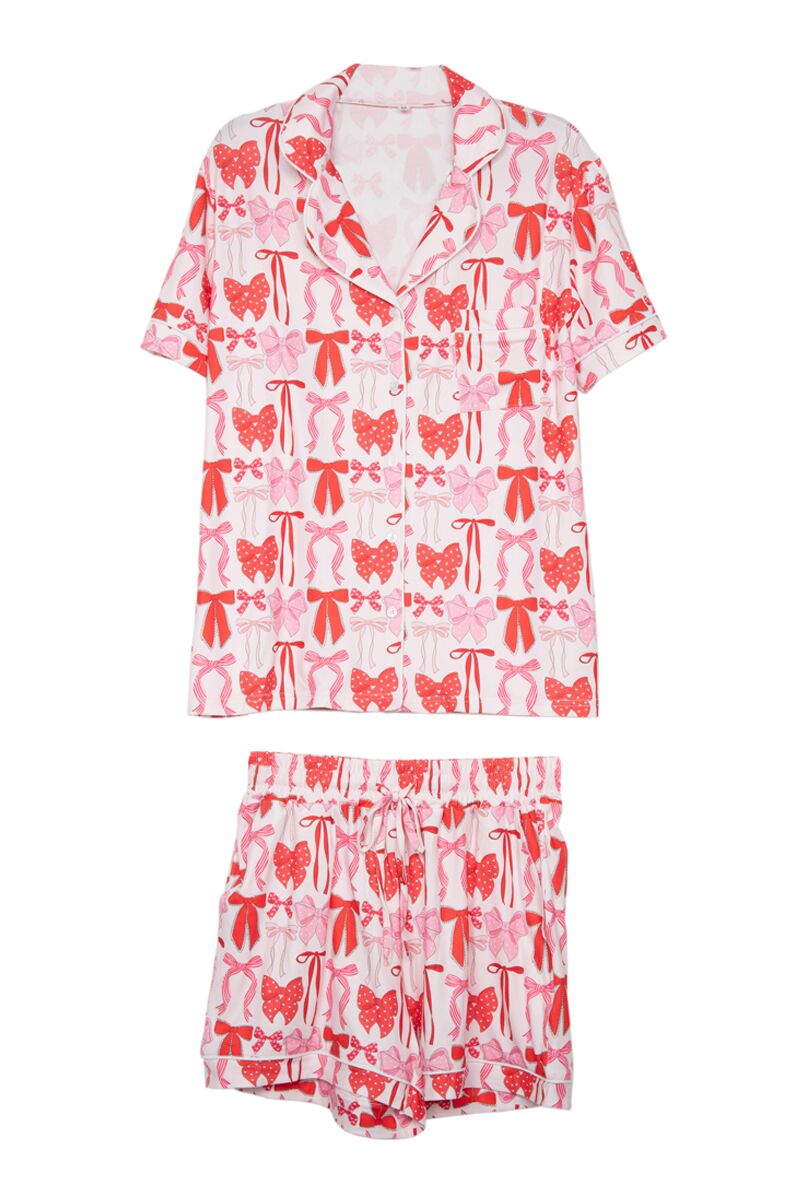 Pink & Red Coquette Bows PJ Shorts Set For Women
