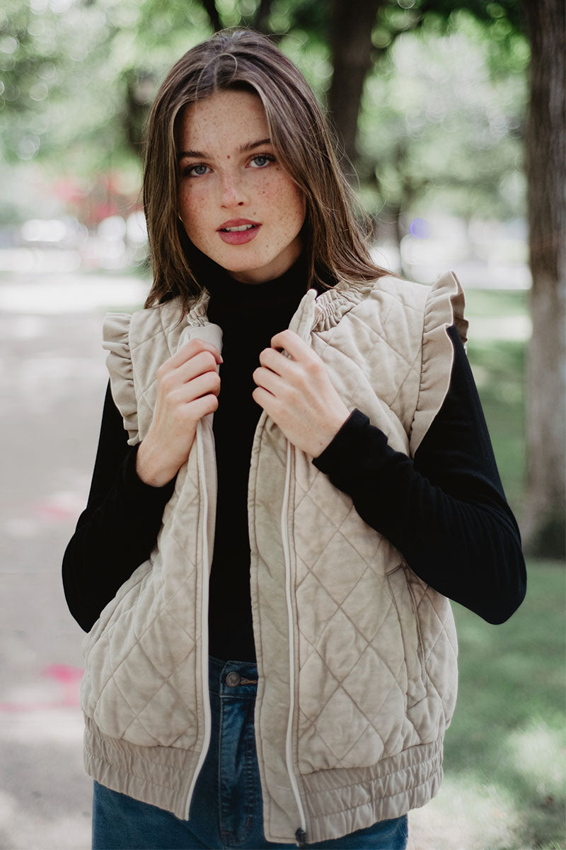Beige Garment Washed Quilted Ruffle Sleeve Vests