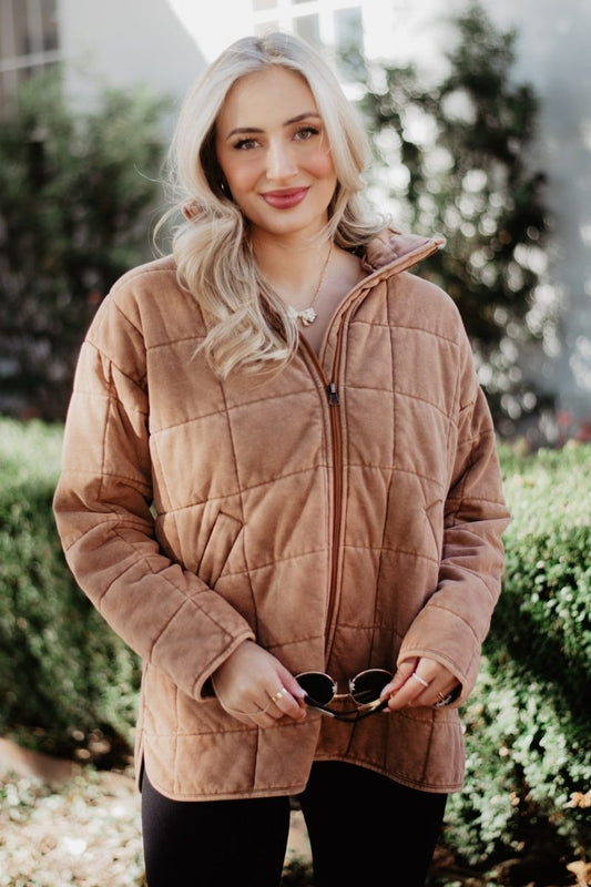 Brown Lightweight Quilted Garment Washed Jacket