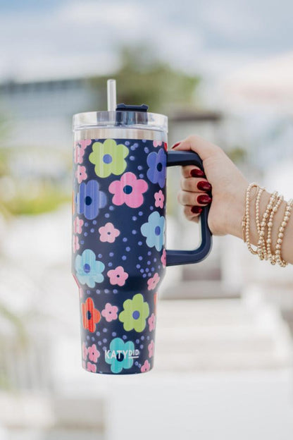 Navy Daisy Tumbler Cup with Handle